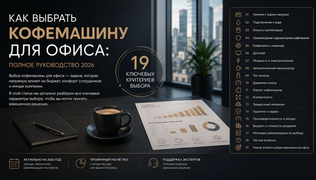 19 критериев выбора офисной кофемашины: от оценки нагрузки и подключения к воде до типа заварочного механизма и стоимости владения