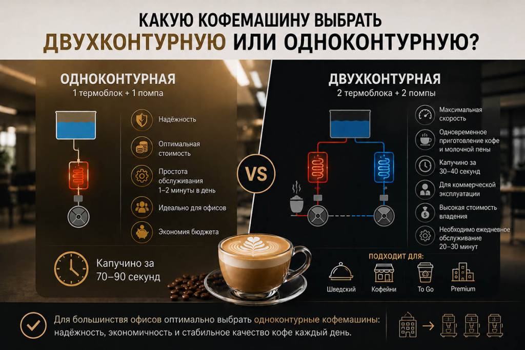 Сравнение одноконтурных (1 термоблок + 1 помпа) и двухконтурных (2 термоблока + 2 помпы) кофемашин: мощность, скорость приготовления капучино, рекомендации по выбору для офиса