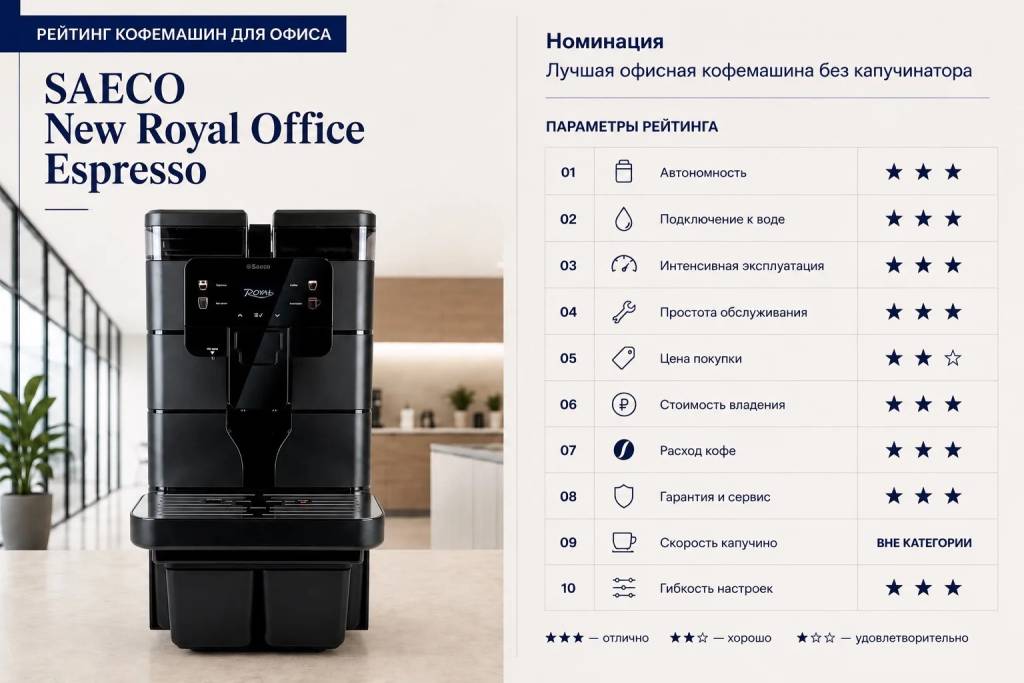 Оценка параметров Saeco New Royal Office Espresso: автономность 3, подключение к воде 3, интенсивная эксплуатация 3, простота обслуживания 3, цена покупки 2, стоимость владения 3, расход кофе 3, гарантия и сервис 3, скорость капучино — вне категории, гибкость настроек 3