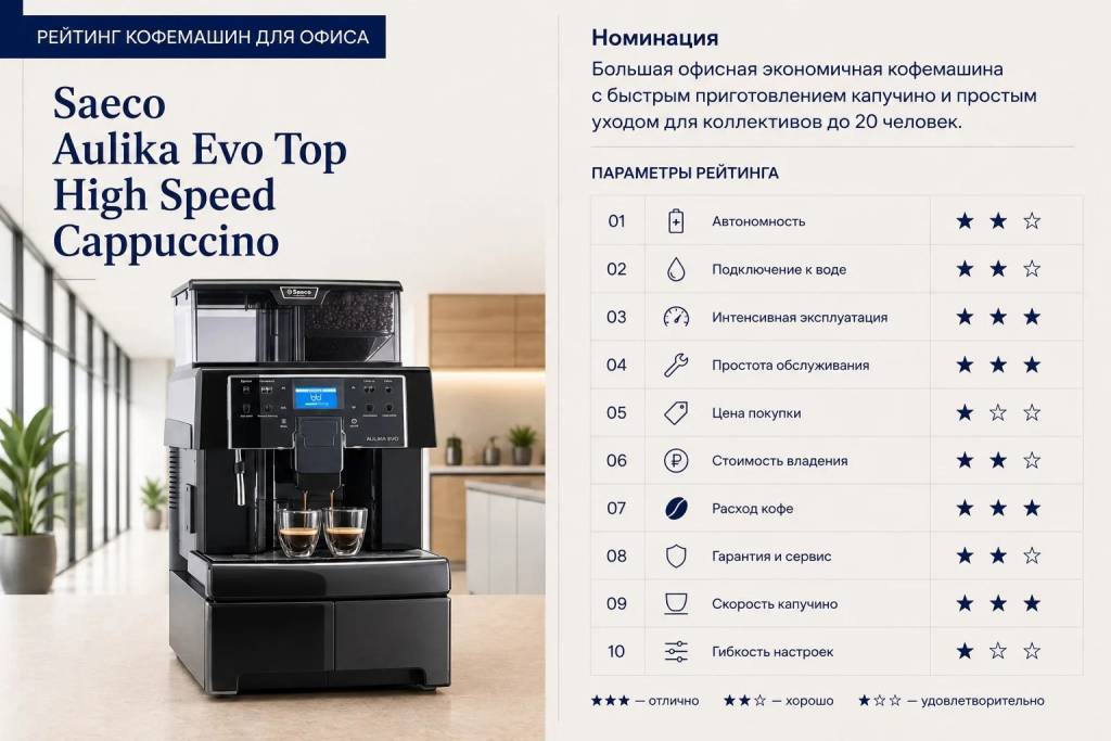 Оценка параметров Saeco Aulika Evo: автономность 2, подключение к воде 2, интенсивная эксплуатация 3, простота обслуживания 3, цена покупки 2, стоимость владения 2, расход кофе 3, гарантия и сервис 2, скорость капучино 3, гибкость настроек 1