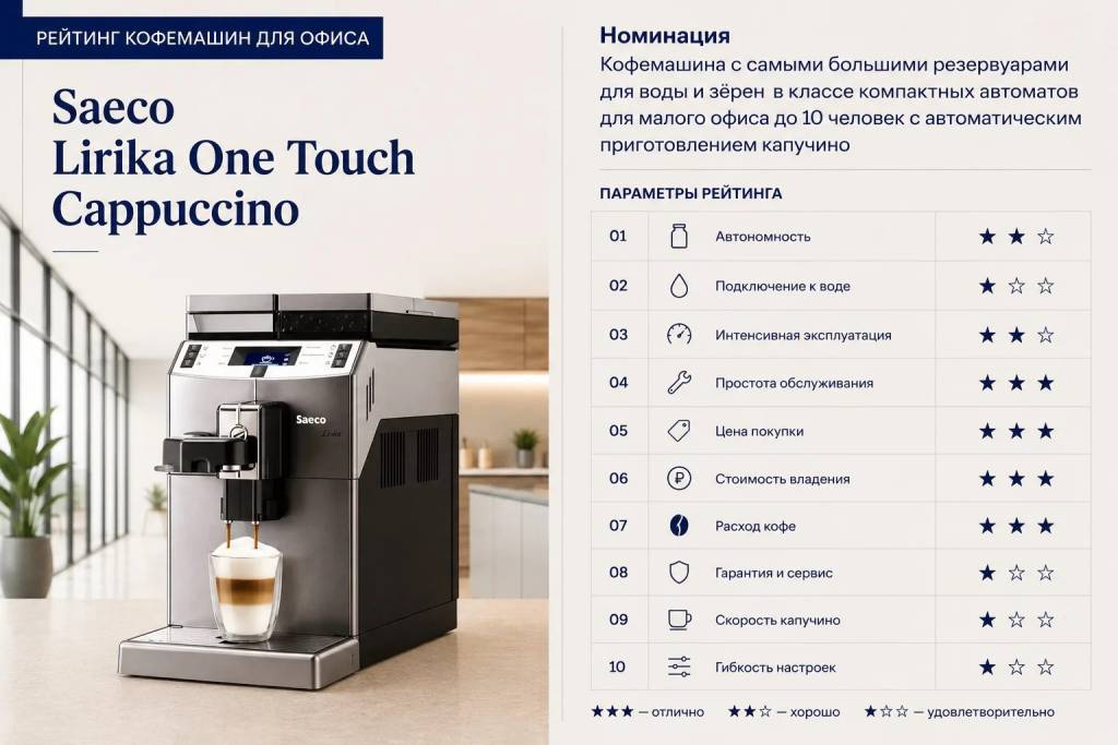 Оценка параметров Saeco Lirika: автономность 2, подключение к воде 1, интенсивная эксплуатация 2, простота обслуживания 3, цена покупки 3, стоимость владения 3, расход кофе 3, гарантия и сервис 1, скорость капучино 1, гибкость настроек 1