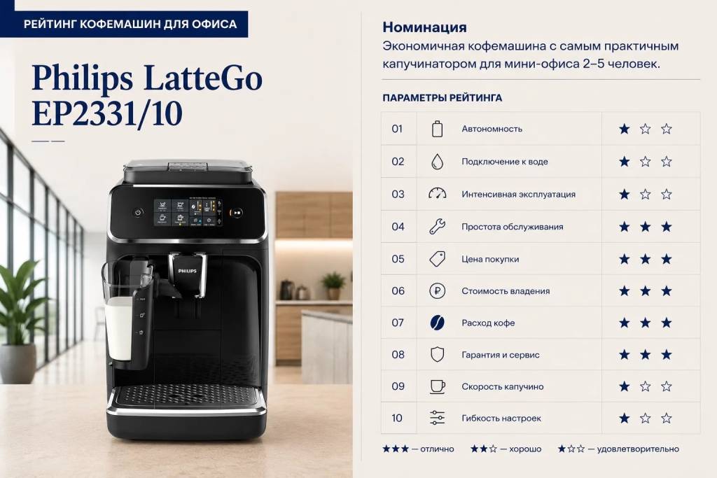 Оценка параметров Philips LatteGo: автономность 1, подключение к воде 1, интенсивная эксплуатация 1, простота обслуживания 3, цена покупки 3, стоимость владения 3, расход кофе 3, гарантия и сервис 3, скорость капучино 1, гибкость настроек 1