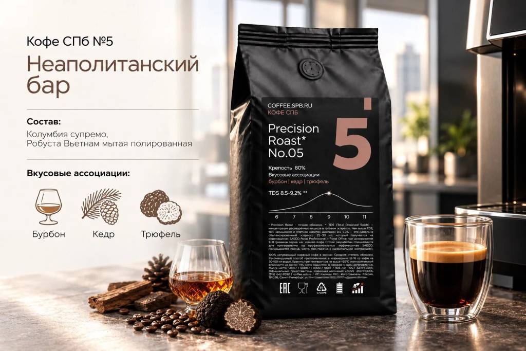 Зерновой кофе СПб №5 Неаполитанский бар — пачка, вкусовые ассоциации и кофемашина в офисе