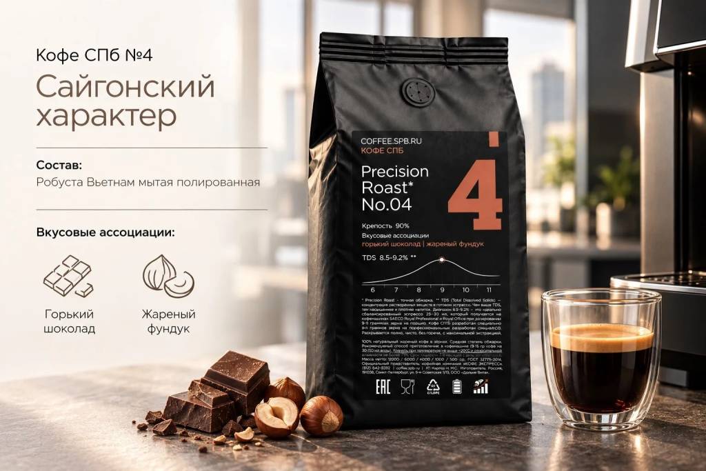 Зерновой кофе СПб №4 Сайгонский характер — пачка, вкусовые ассоциации и кофемашина в офисе
