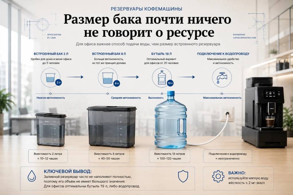Резервуары кофемашины и подключение к воде