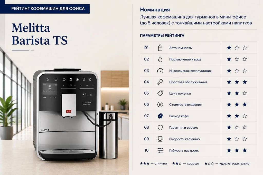 Оценка параметров Melitta Barista TS: автономность 1, подключение к воде 1, интенсивная эксплуатация 1, простота обслуживания 3, цена покупки 2, стоимость владения 3, расход кофе 2, гарантия и сервис 1, скорость капучино 1, гибкость настроек 3