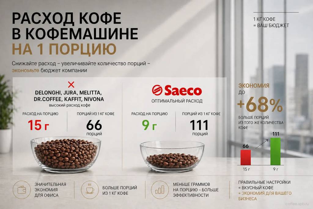 Сравнение расхода кофе: Saeco 9 г (111 порций из 1 кг) против Delonghi, Jura, Dr.Coffee, Kaffit 15 г (66 порций). Экономия +68% порций из того же количества кофе.