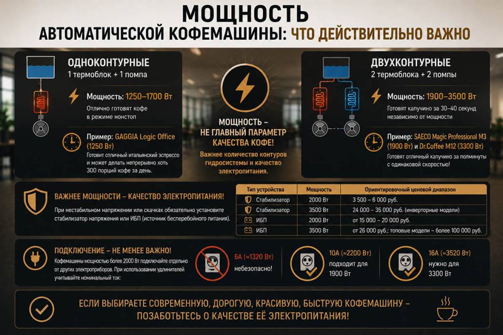 Инфографика: мощность автоматической кофемашины. Одноконтурные (1250–1700 Вт) против двухконтурных (1900–3500 Вт). Важность качества электропитания и выбора удлинителя