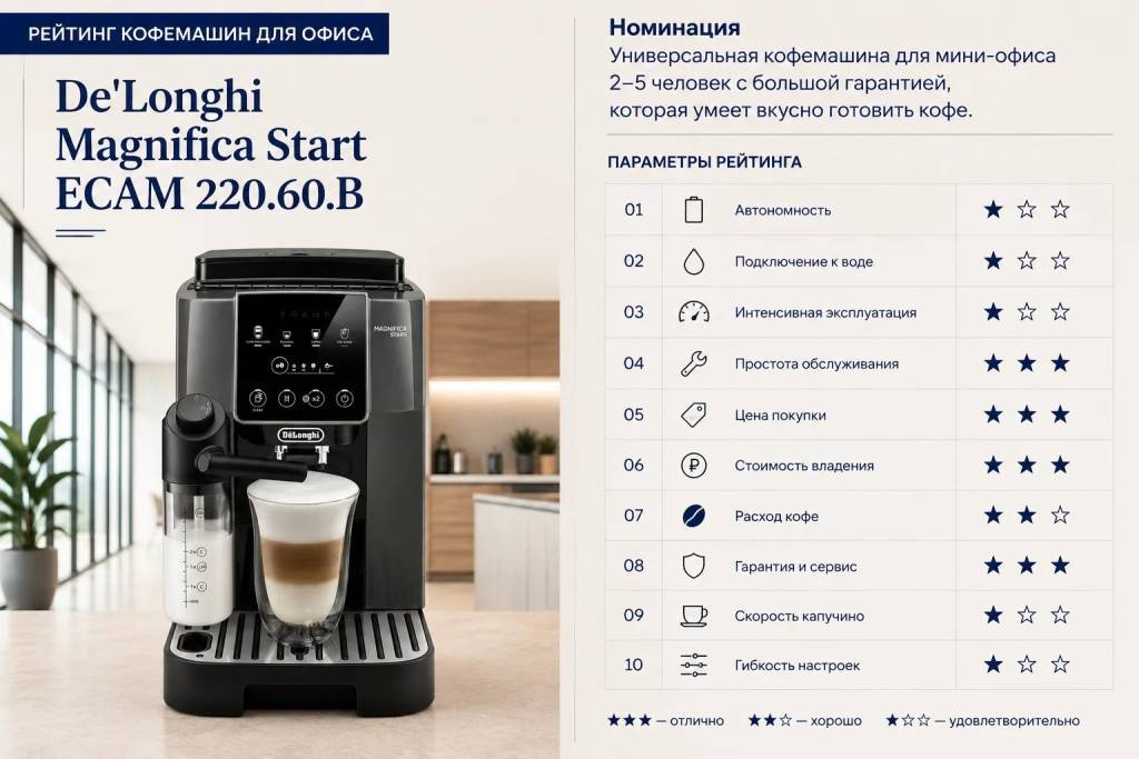 Оценка параметров De'Longhi Magnifica Start: автономность 1, подключение к воде 1, интенсивная эксплуатация 1, простота обслуживания 3, цена покупки 3, стоимость владения 3, расход кофе 2, гарантия и сервис 3, скорость капучино 1, гибкость настроек 1