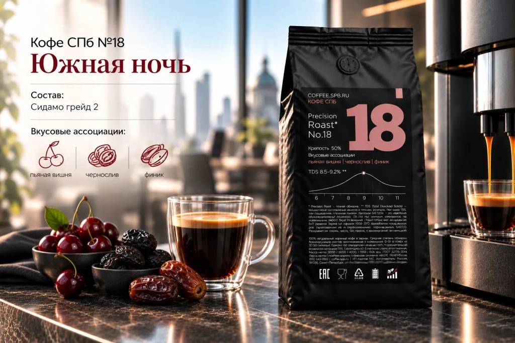Кофе СПб №18 Южная ночь — зерновой кофе с нотами пьяной вишни, чернослива и финика
