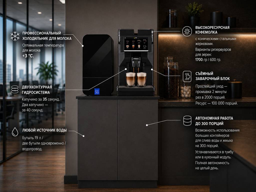 SAECO Magic Professional M3 в интерьере офиса. Преимущества: огромный ресурс, любые источники воды, максимальный размер контейнеров для жмыха и отработанной воды, автономность на целый день, съёмный итальянский заварочный блок, самое простое и экономичное обслуживание. Источник: КОФЕ ЭКСПРЕСС