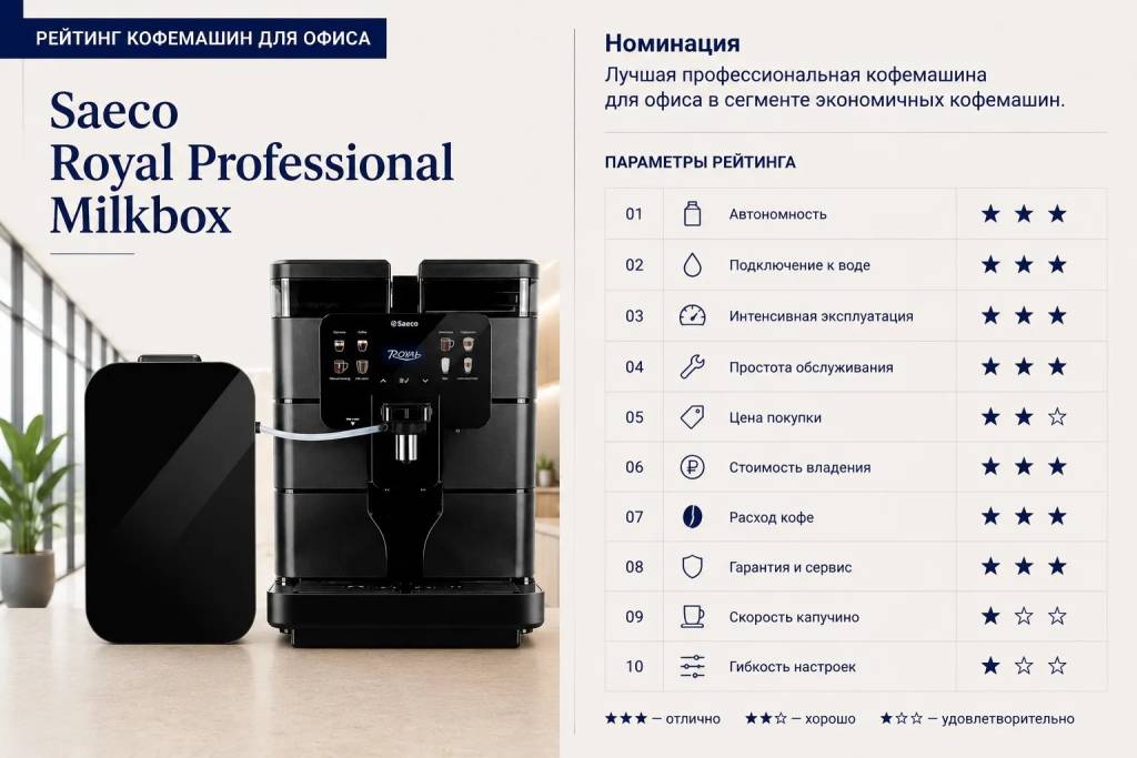 Оценка параметров Saeco Royal Professional: автономность 3, подключение к воде 3, интенсивная эксплуатация 3, простота обслуживания 3, цена покупки 2, стоимость владения 3, расход кофе 3, гарантия и сервис 3, скорость капучино 1, гибкость настроек 1