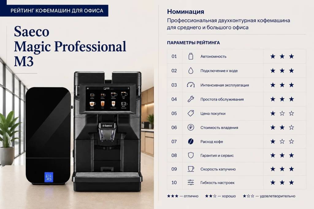 Оценка параметров Saeco Magic Professional M3: автономность 3, подключение к воде 3, интенсивная эксплуатация 3, простота обслуживания 3, цена покупки 1, стоимость владения 2, расход кофе 1, гарантия и сервис 3, скорость капучино 3, гибкость настроек 3
