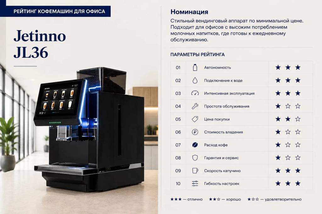 Оценка параметров Jetinno JL36: автономность 3, подключение к воде 3, интенсивная эксплуатация 3, простота обслуживания 1, цена покупки 2, стоимость владения 1, расход кофе 1, гарантия и сервис 1, скорость капучино 3, гибкость настроек 3
