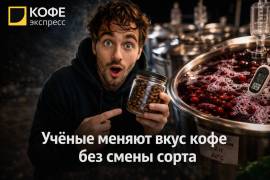 Удивлённый мужчина с банкой зернового кофе на фоне производственных чанов для ферментации кофейных ягод с датчиком температуры
